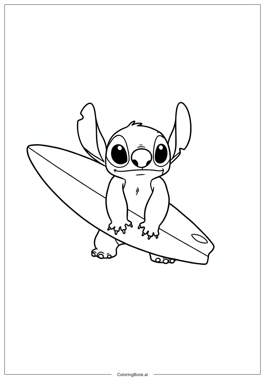  Stitch holding a surfboard Coloring Page 