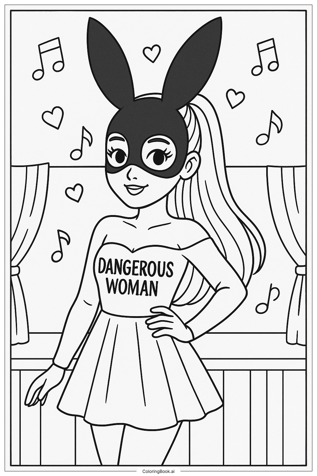  Página para colorear de Ariana Grande con la máscara de conejo de Dangerous Woman 