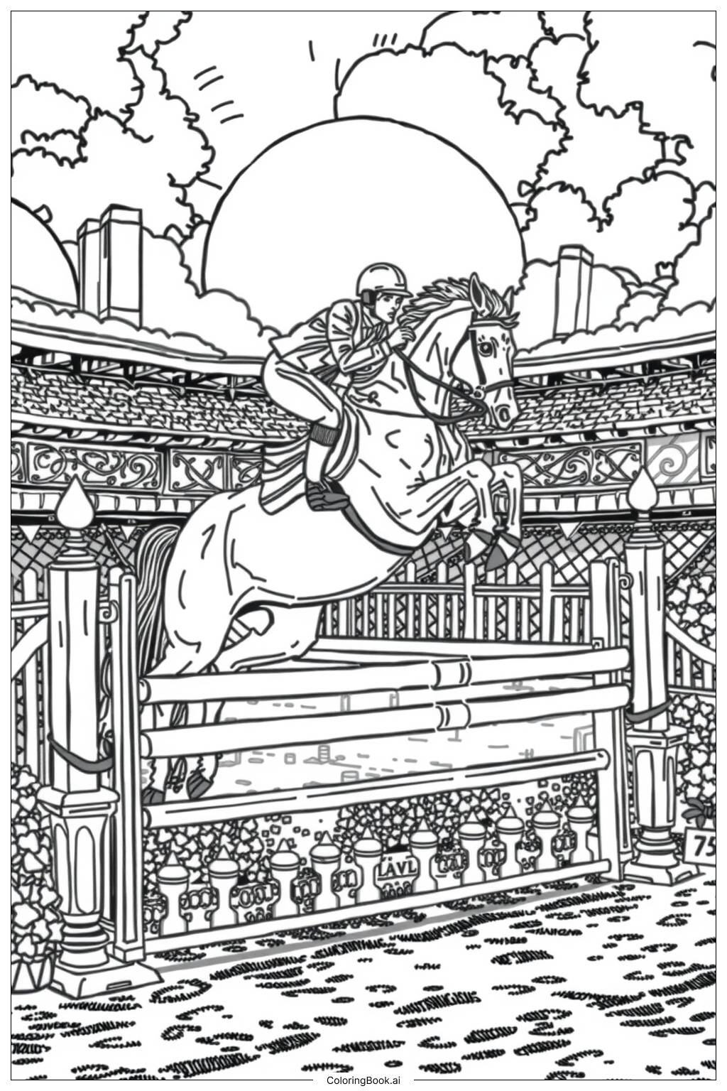  Page de coloriage Cheval et Cavalier Sautant par-dessus des Barrières 