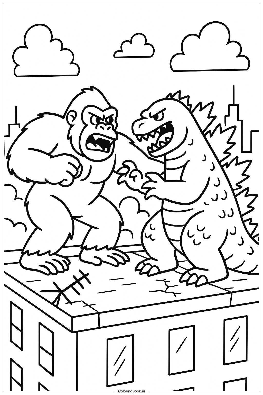  King Kong and Godzilla Rooftop Fight Coloring Page 