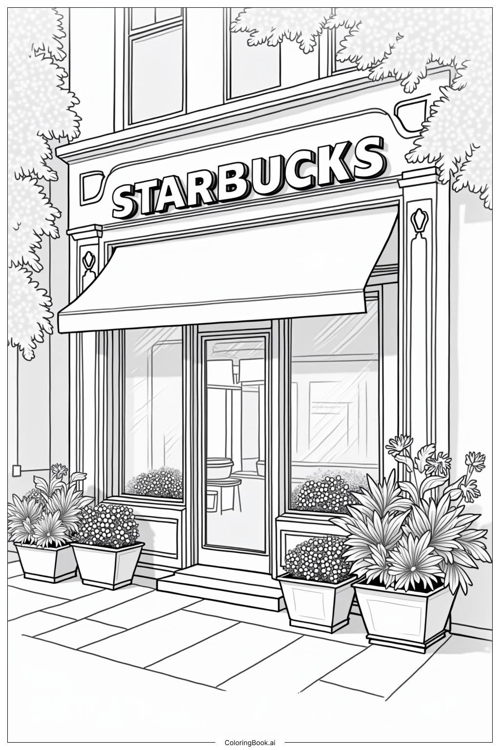  Page de coloriage Vitrine Starbucks avec Décor Florale 