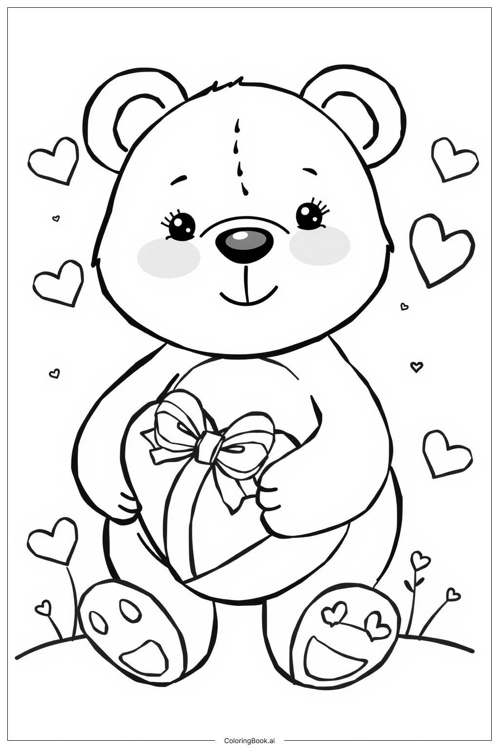  Página para colorear de Care Bear sosteniendo un regalo en forma de corazón 