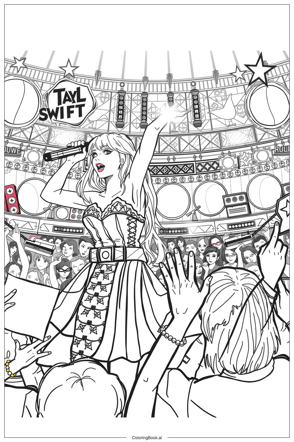  Página para colorear de taylor swift cantando con fans 