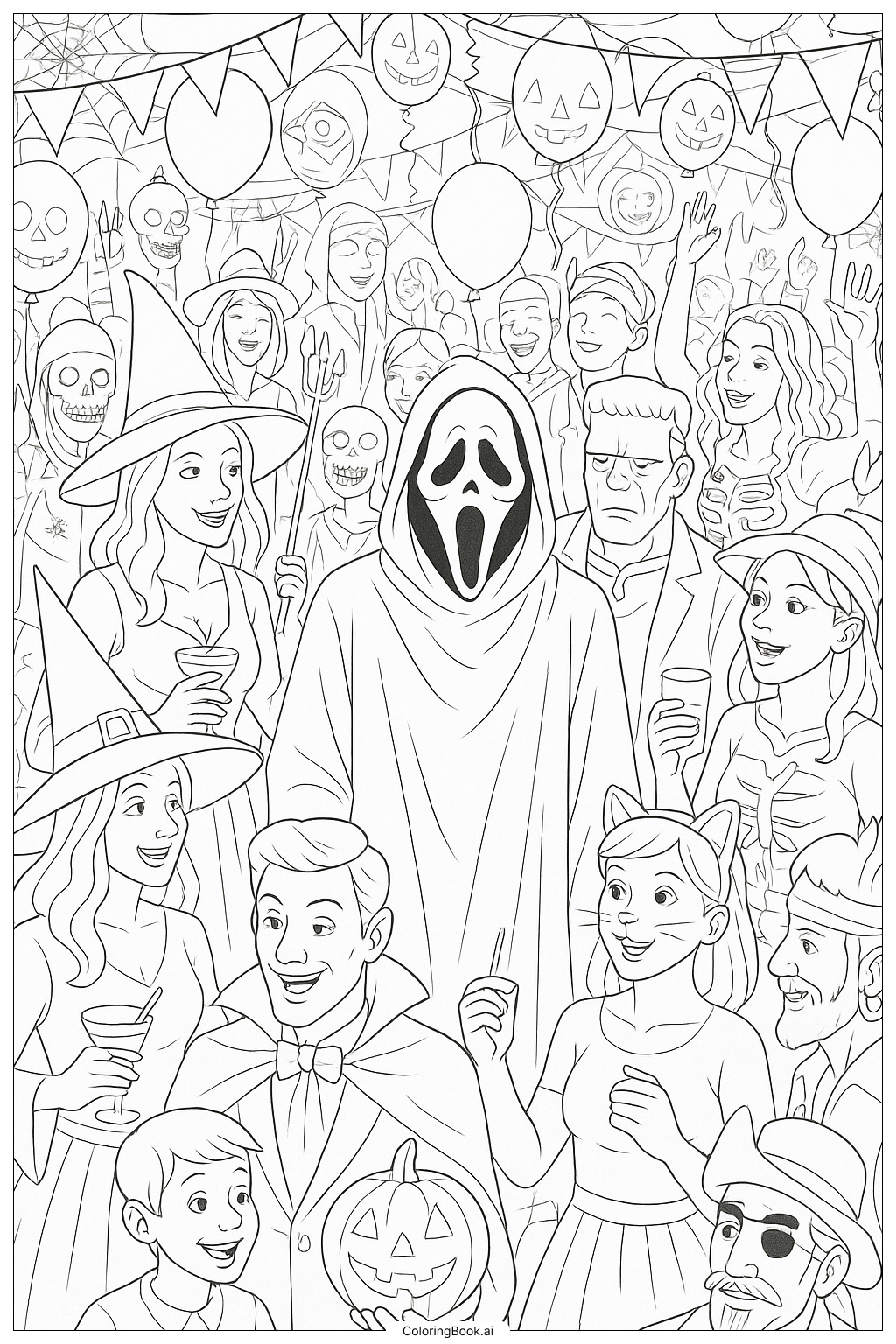  Página para colorear de Ghostface en una fiesta de Halloween llena de gente 
