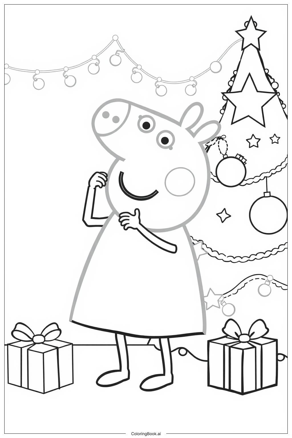  Página para colorear de decoración del árbol de Navidad de Peppa Pig 