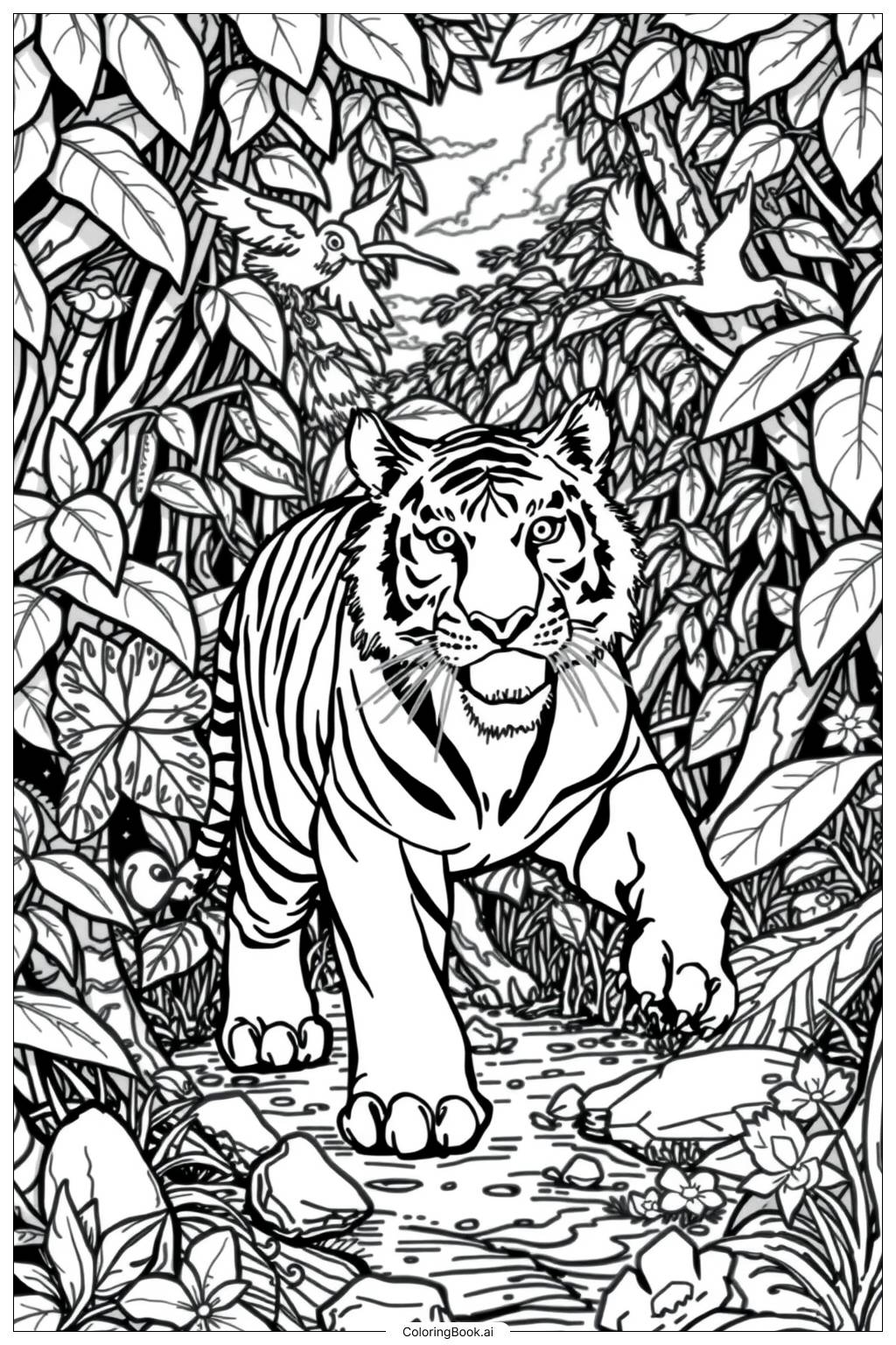  Tiger in Jungle-2 Coloring Page 