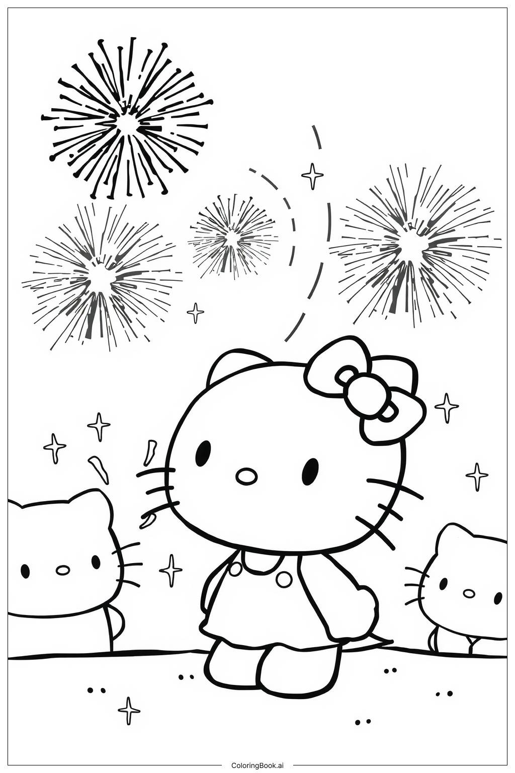  Hello Kitty Surrounded by Sparkling Fireworks Coloring Page 