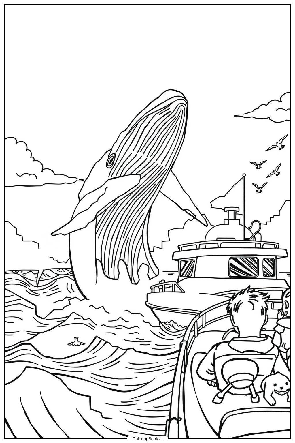  Page de coloriage Excursion d'observation des baleines par une journée ensoleillée-2 