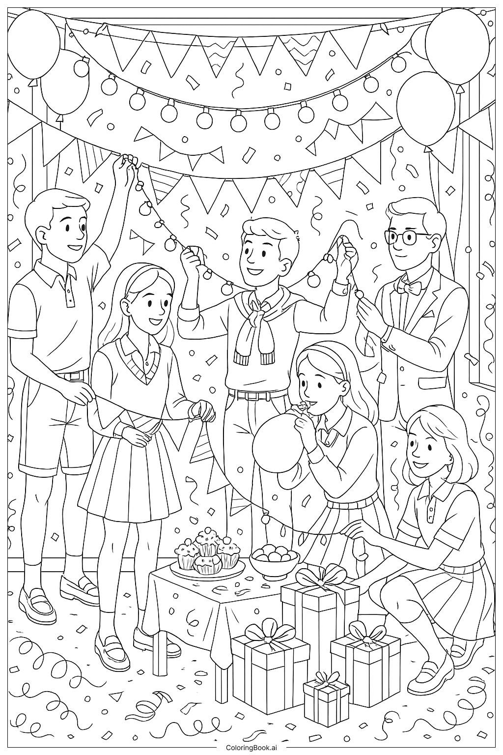 Preppy Friends Decorating for a Party Coloring Page