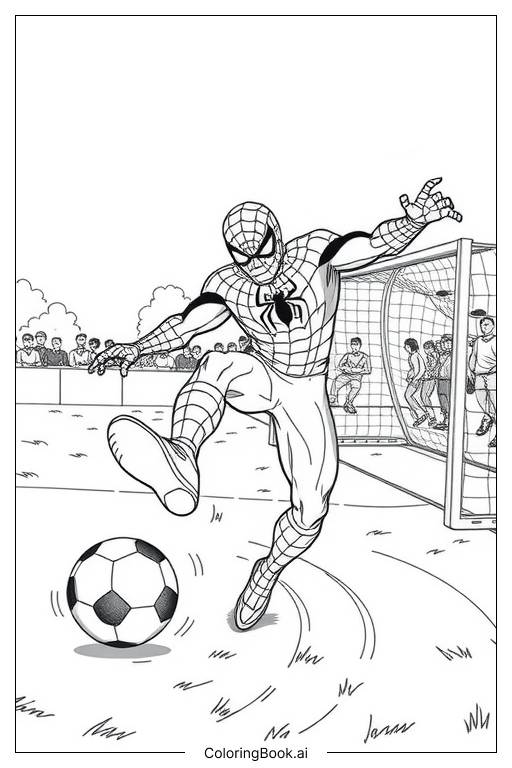  スパイダーマンがサッカーをしているの塗り絵ページ 