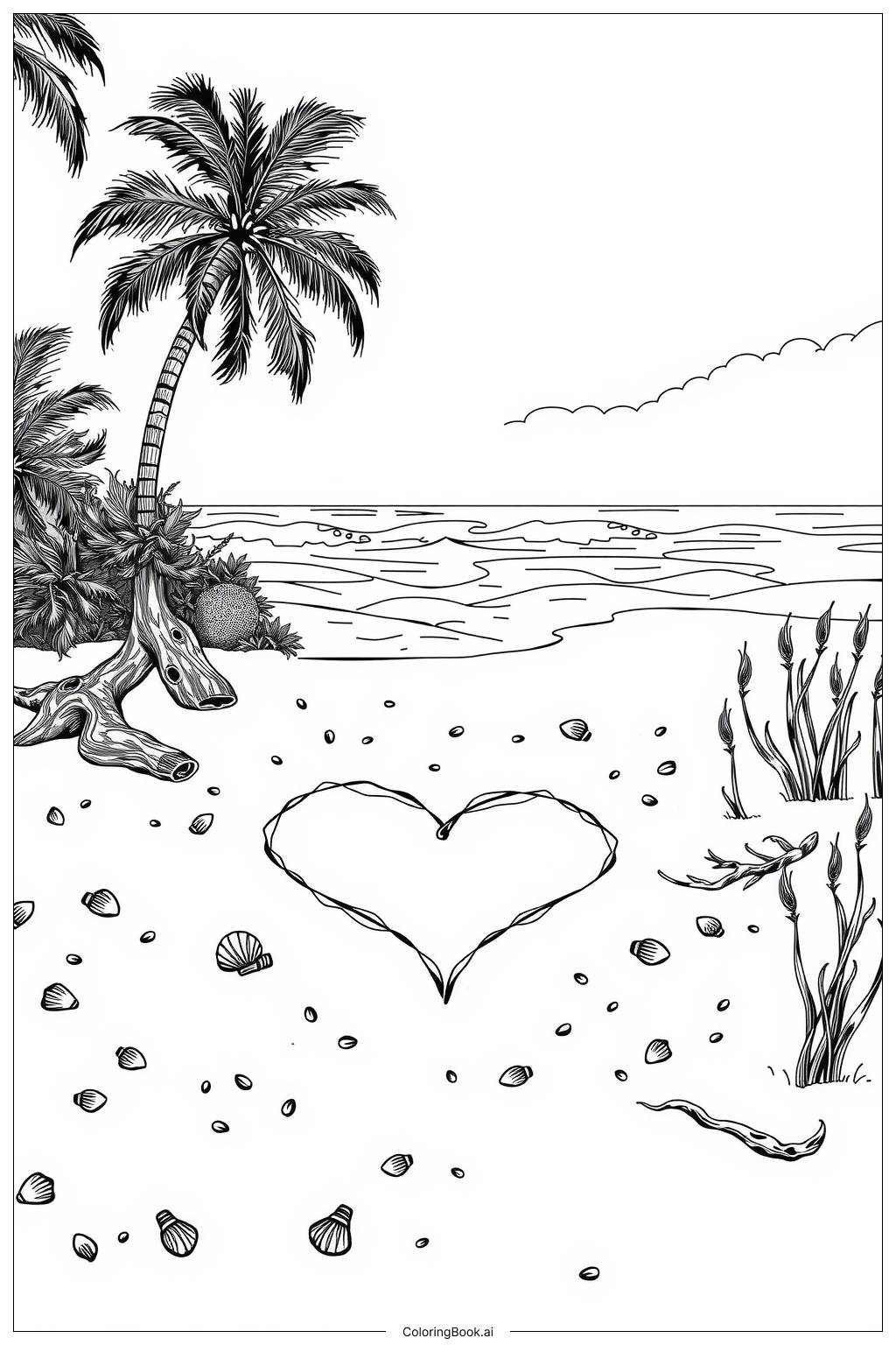  Page de coloriage Dessin de cœur dans le sable de la plage 