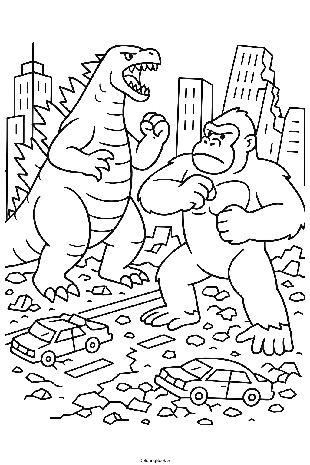  ゴジラ対キングコングの街の塗り絵ページ 