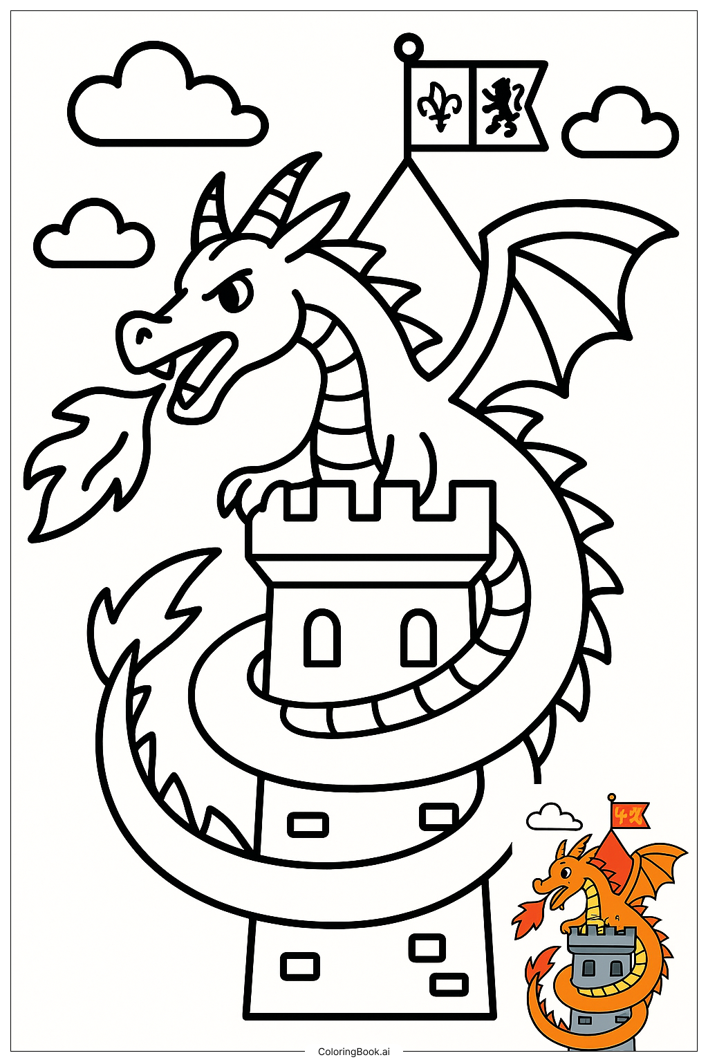  中世の王国のバナーに登場するドラゴンの塗り絵ページ 