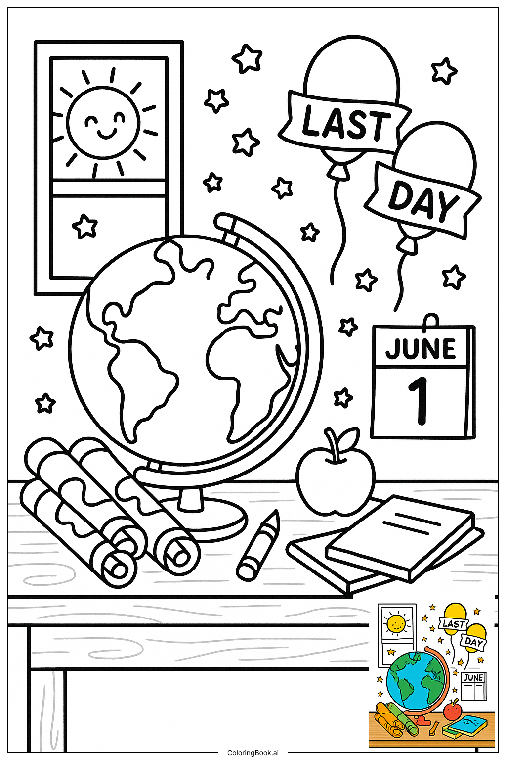  Last Day Of School Globe And Map Decorの塗り絵ページ 