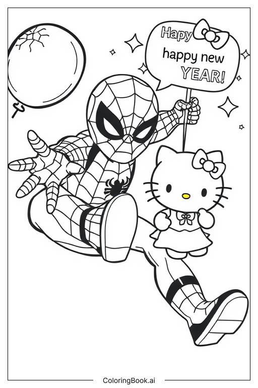  hello kitty und spiderman 2025 frohes neues jahr-2 Ausmalseite 