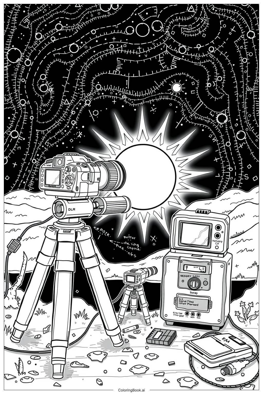  Página para colorir de configuração de fotografia de eclipse solar 