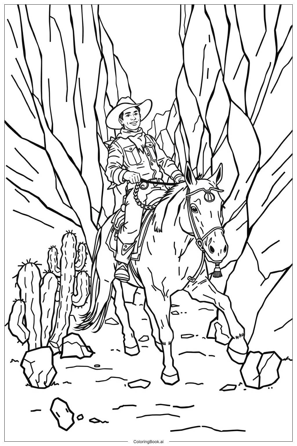  Cowboy riding through a beautiful canyon-2 Coloring Page 