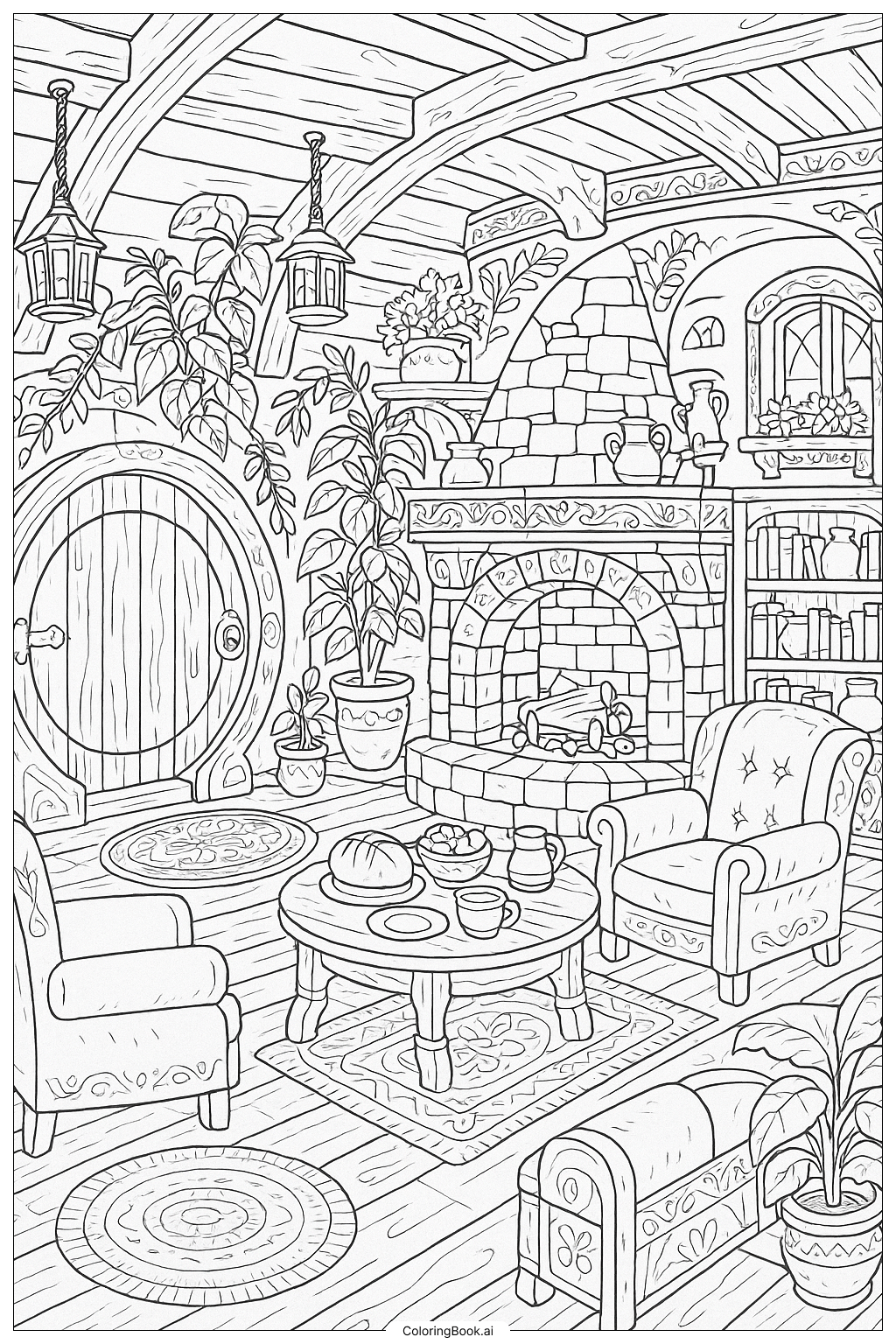  A Cozy Hobbit Home Interior Scene Coloring Page 