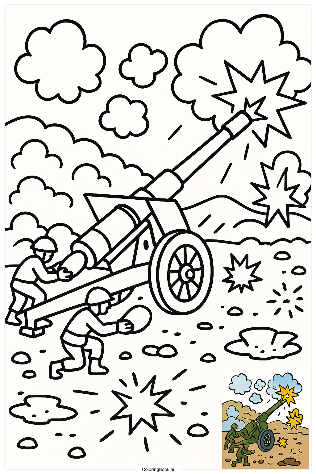  Page de coloriage Canon d'armée tirant en bataille 