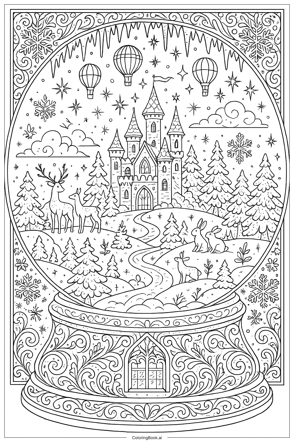 スノーグローブの中の夢の国の冒険の塗り絵ページ