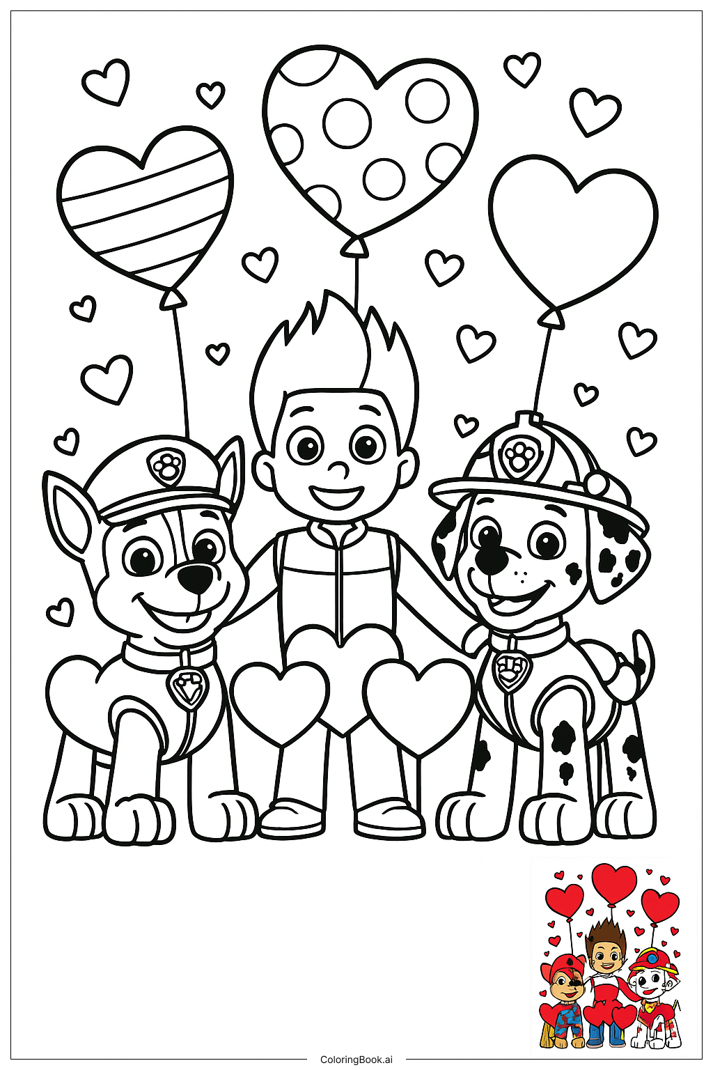 Página para colorir de Balões de Coração do Dia dos Namorados do Patrulha Canina 