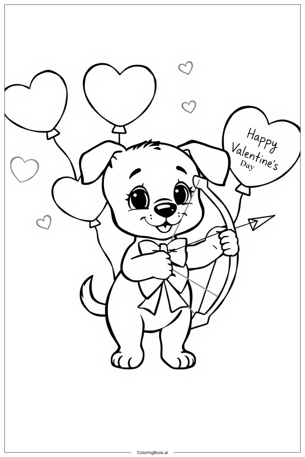  Page de coloriage Chiot Saint-Valentin Cupidon 'Joyeuse Saint-Valentin' 