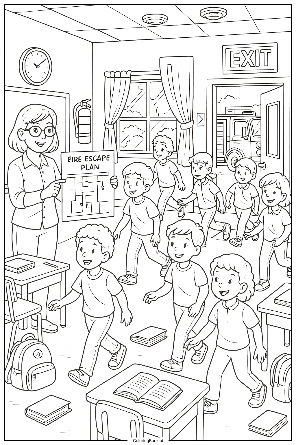 消防安全故事书页面场景填色页