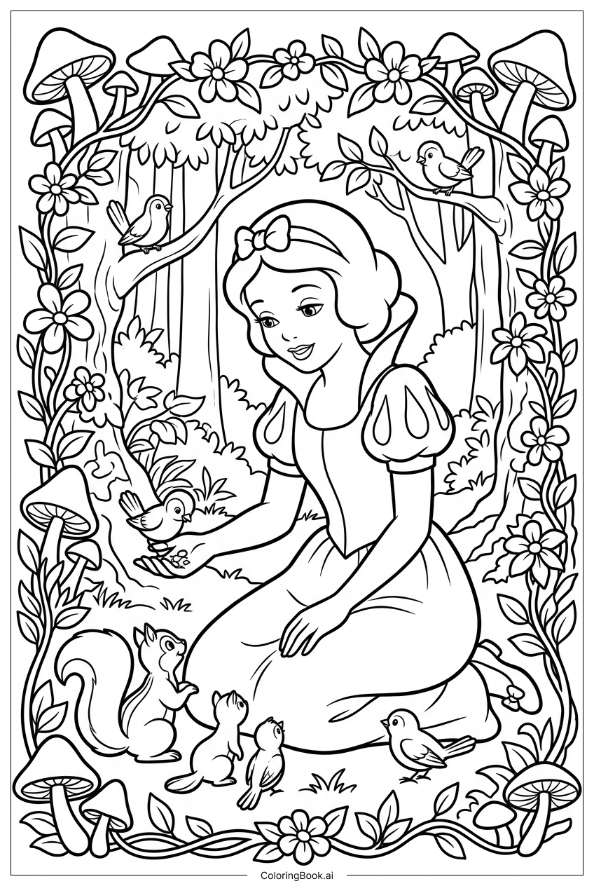  ディズニープリンセスと森の仲間たちの塗り絵ページ 
