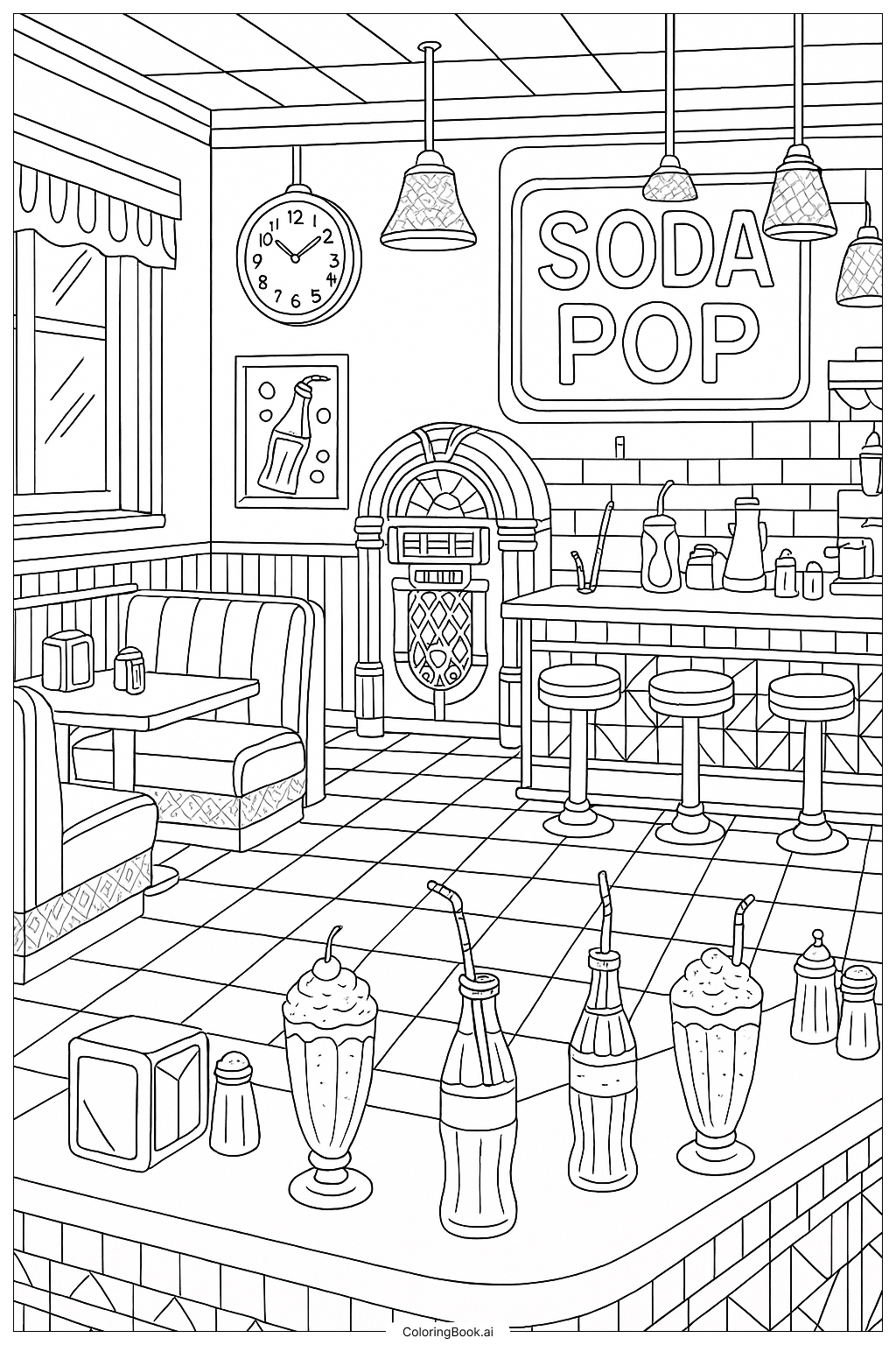  Page de coloriage Intérieur Classique de Diner avec Thème Soda 