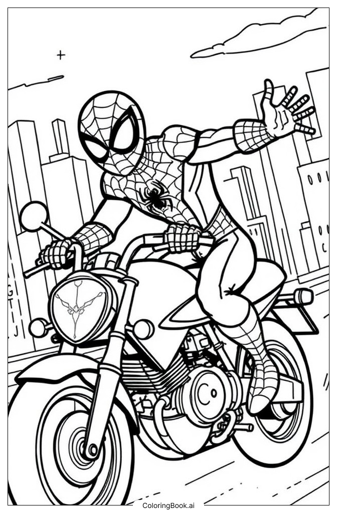 バイクに乗ったスパイダーマン 塗り絵ページ（無料のPDF＆PNG