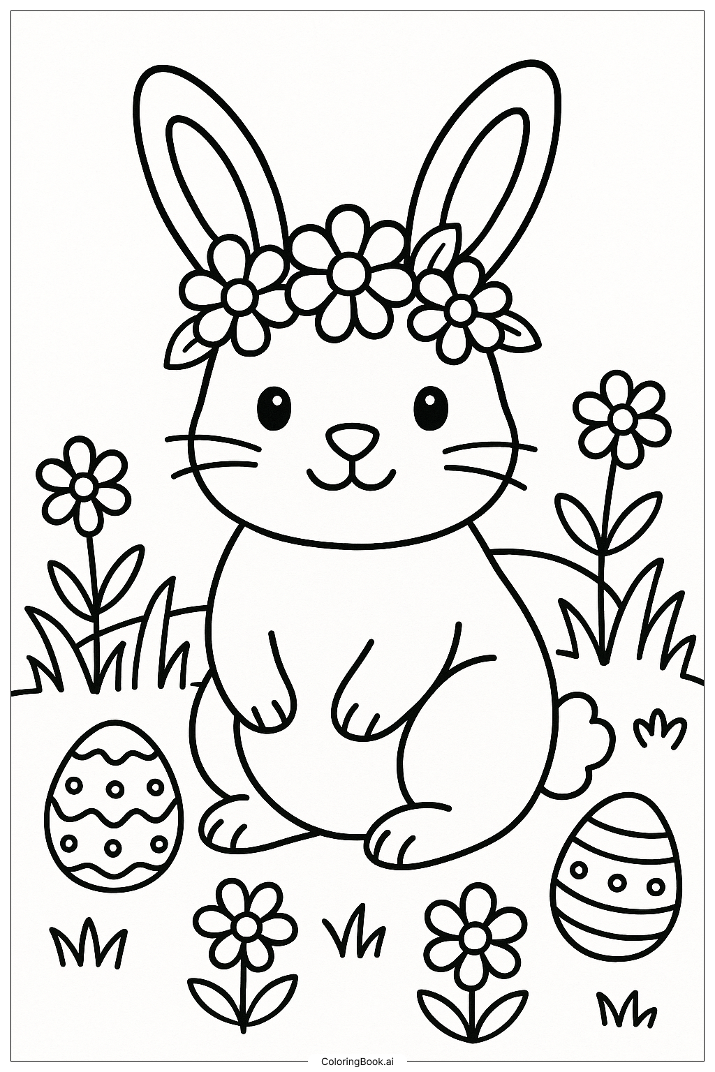 Osterhase mit Blumenkranz Ausmalseite