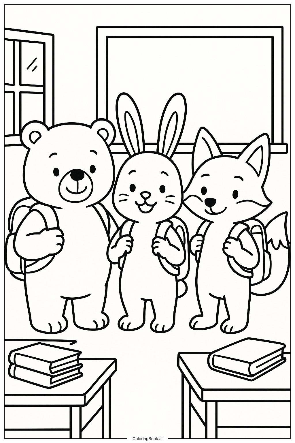  Page de coloriage Le premier jour d'école des animaux heureux 