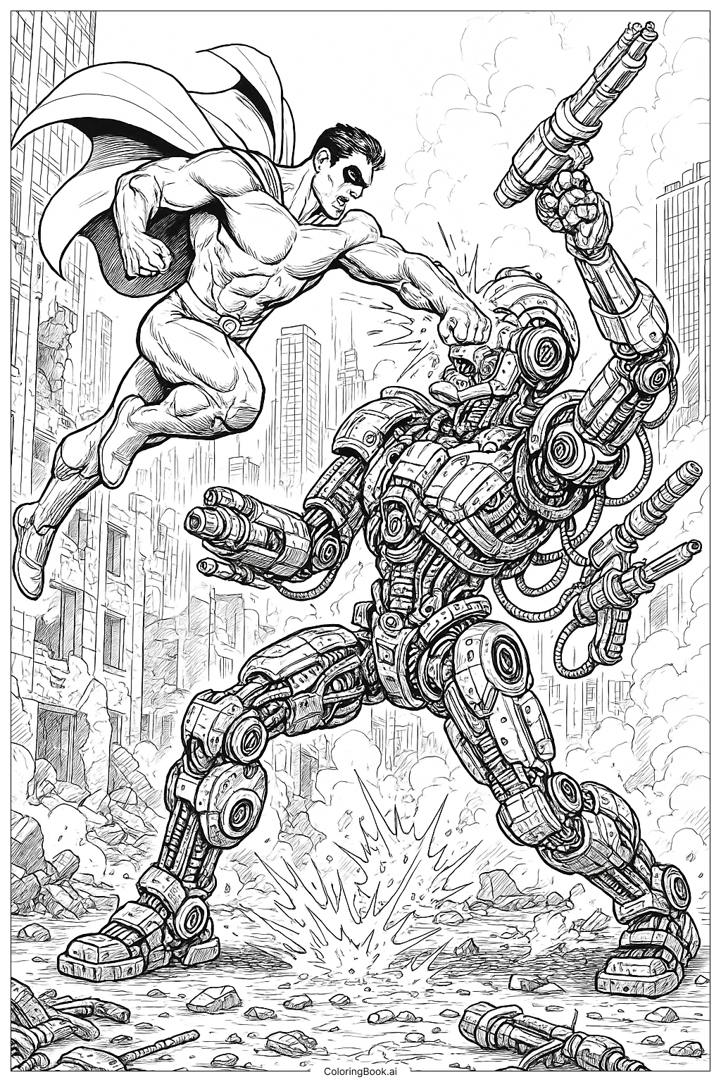 Superheld kämpft gegen einen riesigen Roboter Ausmalseite
