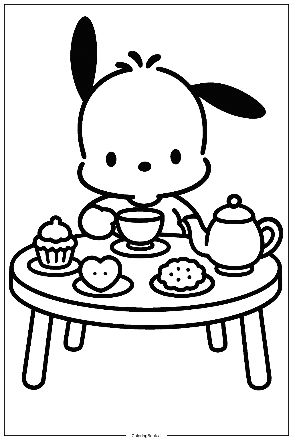 Pochacco 在茶會桌上著色頁