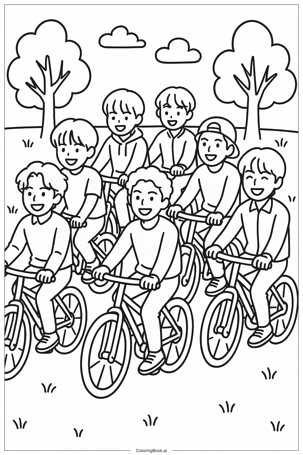  Page de coloriage BTS faisant du vélo dans un parc 