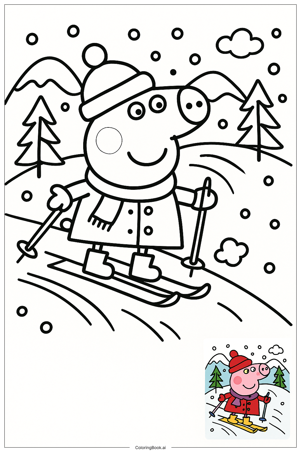  Página para colorear de Peppa Pig Esquiando por una Colina 