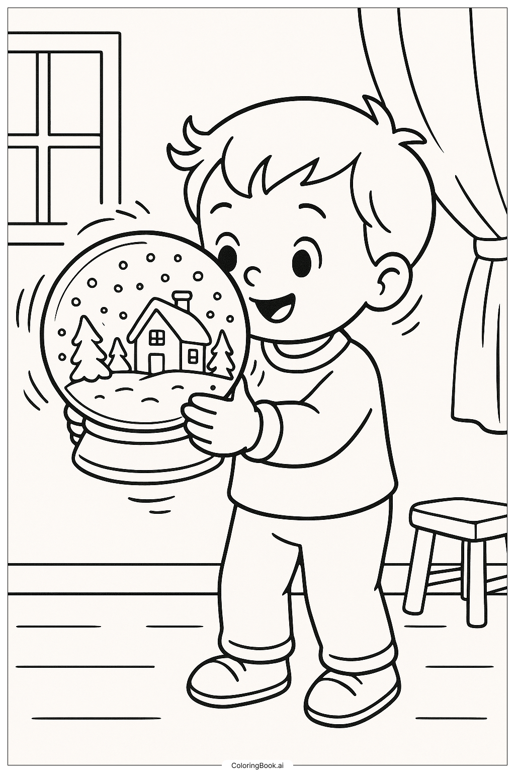 雪の球を振る子供の塗り絵ページ