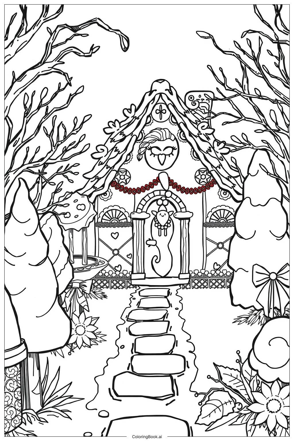  Magical Gingerbread House with Garden-2 Coloring Page 