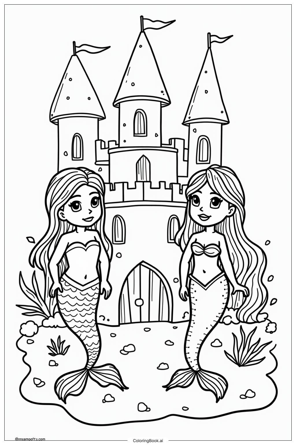  Sand Castle Mermaid Friends Coloring Page 