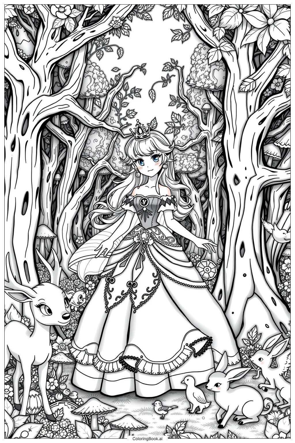  Page de coloriage La princesse Peach jouant avec des créatures de la forêt 