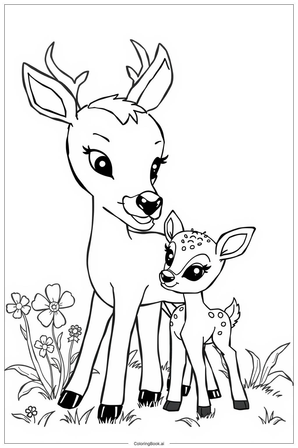  Page de coloriage Famille de cerfs Kawaii 