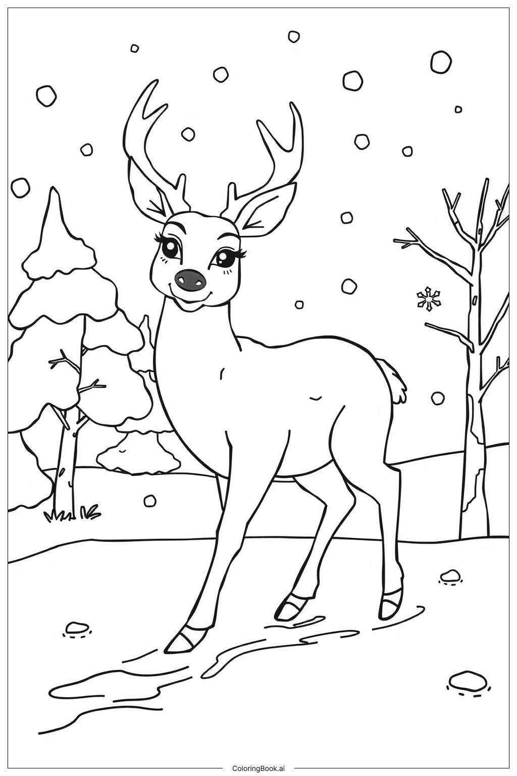  Page de coloriage Cerf dans la neige d'hiver 