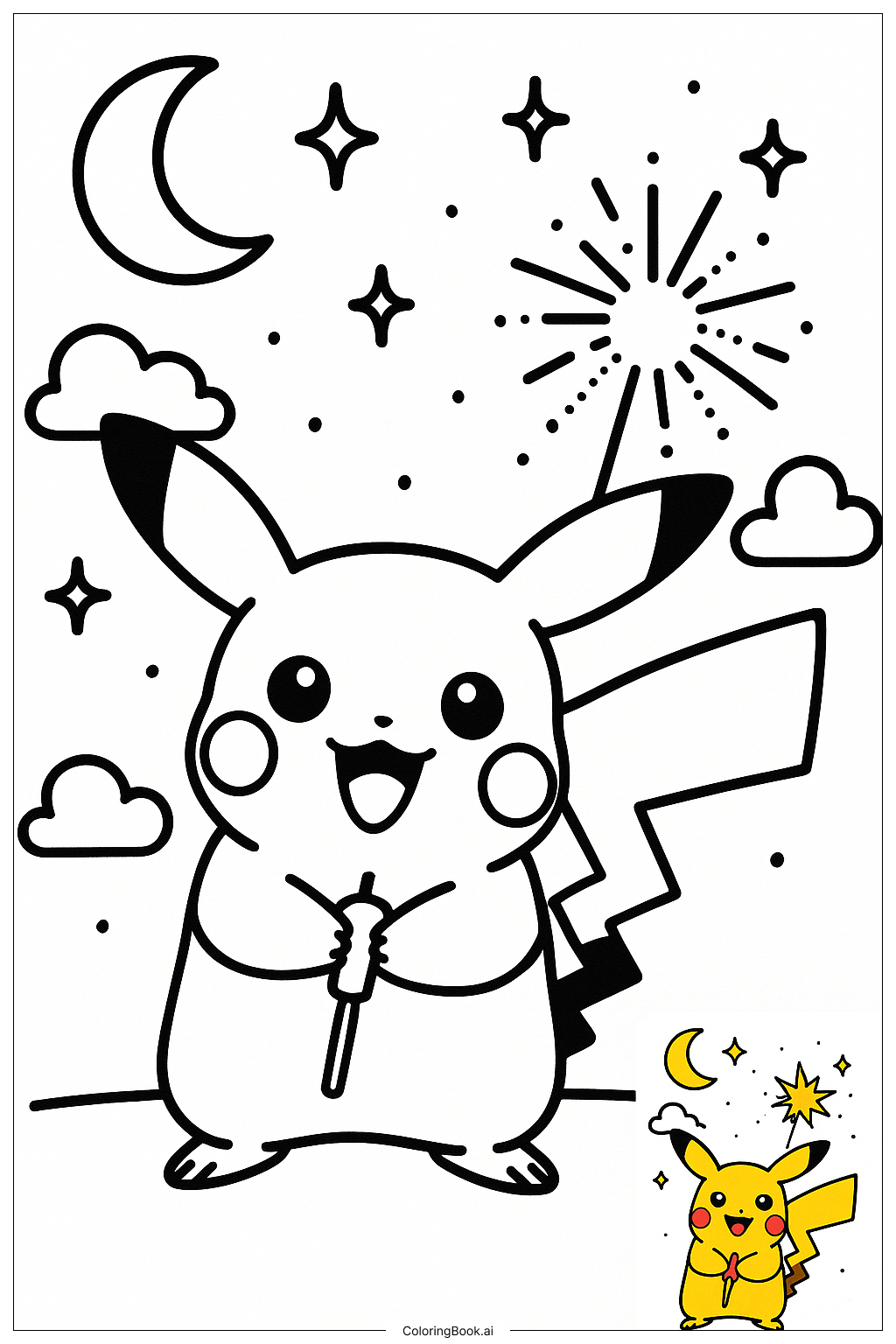  Pikachu Holding A Sparkler At Night Coloring Page 