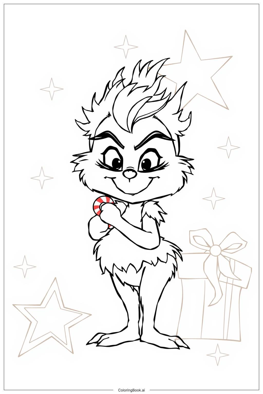  Page de coloriage Petit Grinch avec une canne en sucre 