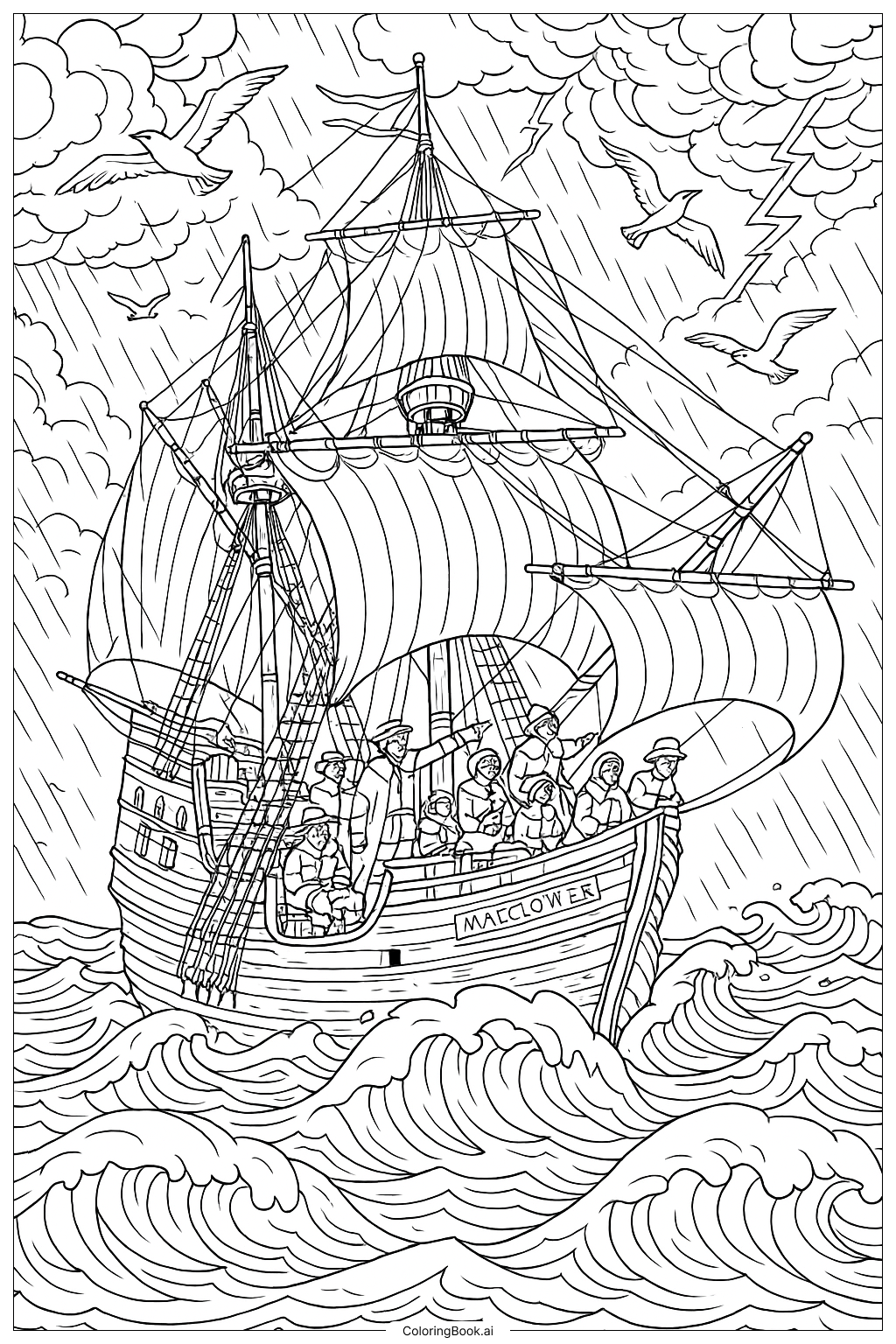  폭풍 속의 순례자 메이플라워 항해 색칠공부 페이지 