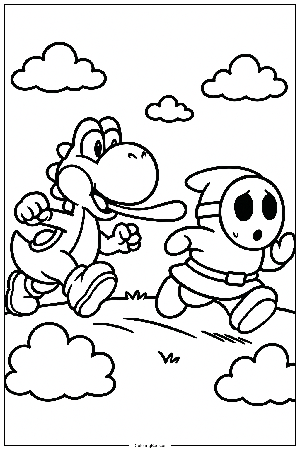 Yoshi Chasing a Shy Guy Coloring Page