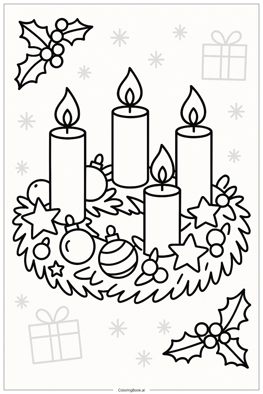  Advent Wreath with Christmas Ornaments Ausmalseite 