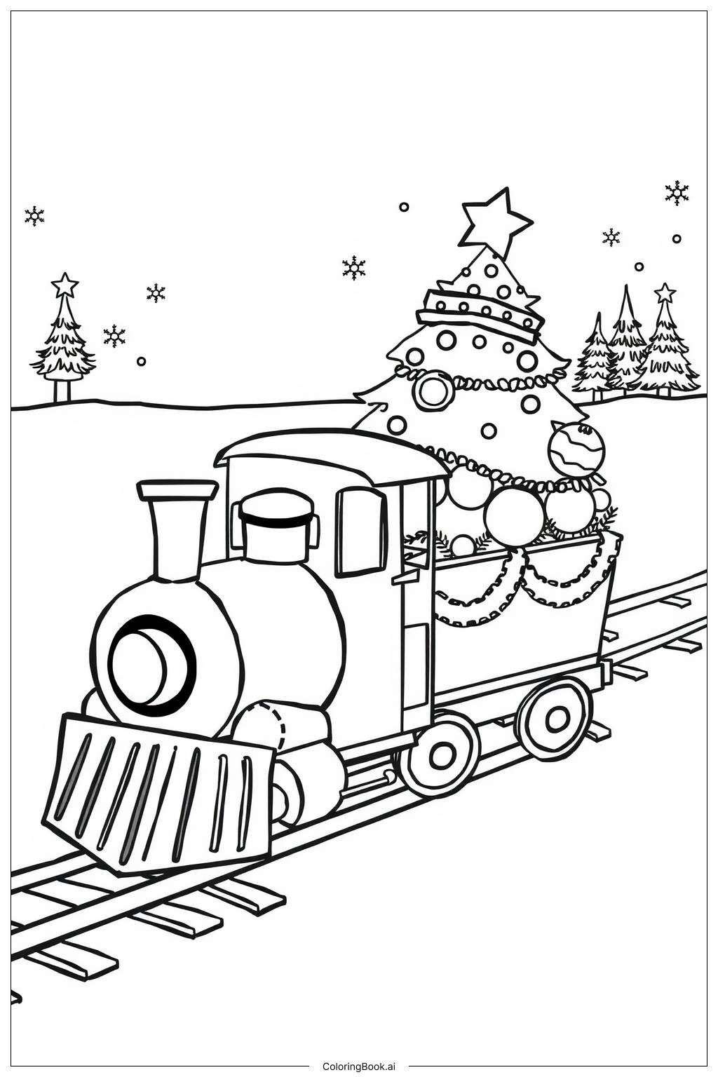  Página para colorir de trem com uma árvore de Natal 