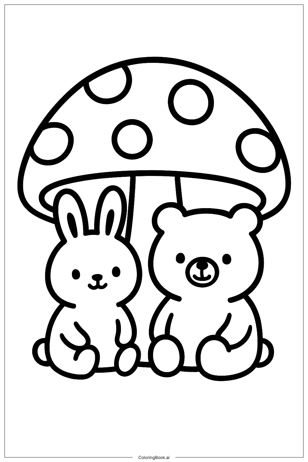 Cozy Friends Under A Big Mushroom Coloring Page