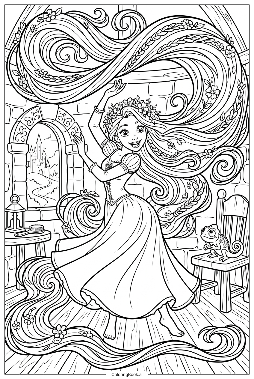  魔法の髪をなびかせて踊るディズニープリンセスの塗り絵ページ 